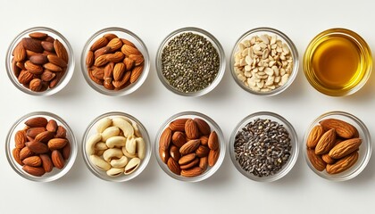 Obraz premium Assorted Nuts and Seeds in Clear Bowls
