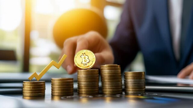 Businessman is putting a bitcoin gold coin on top of a golden upward arrow placed on increasing stacks of coins, symbolizing positive investment and financial growth