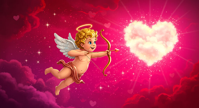 Valentine day theme, A playful cherub Cupid in mid-air, holding a bow and arrow, aiming toward a heart-shaped cloud, surrounded by sparkling stars and vibrant pink and red hues in the background