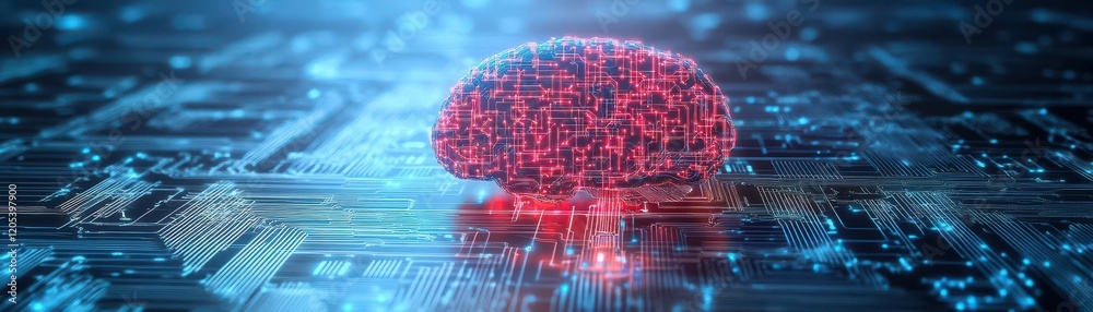 Poster Intricate Brain Composed of Circuitry with a Glowing Red Light Emanating from Its Core Symbolizing Innovation Technology and the Future of Intelligence