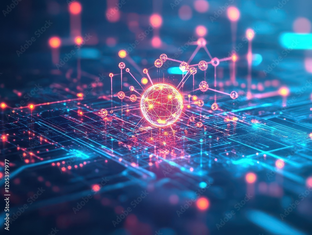 Poster Vibrant Blue and Pink Circuit Design Featuring a Central Sphere Creating a Futuristic and Abstract Technology Inspired Visual Composition
