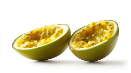 Two halves of a ripe passion fruit are displayed on a clean white surface, showcasing the vibrant color and unique texture of the fruit's interior.