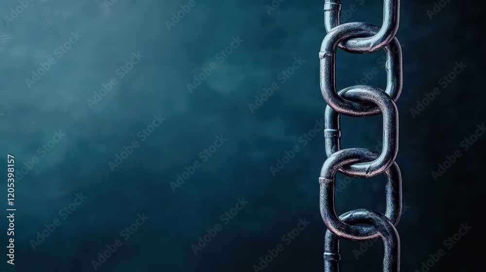 Poster Close Up of a Metallic Chain Link with Textured Surface Symbolizing Strength and Connectivity in Industrial Settings Featuring Unique Shadows and Highlights