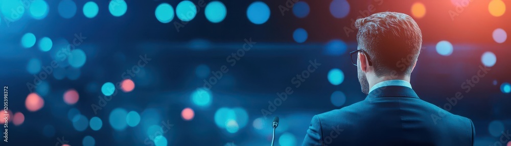 Poster a confident man in formal attire standing before a brightly lit stage with vibrant lights creating a