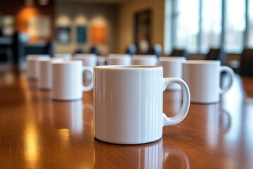 Fototapeta premium Multiple coffee mugs on a table in a meeting room representing a collaborative discussion.
