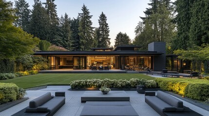 A modern garden home featuring geometric shapes, an outdoor seating area, and a harmonious connection with the surrounding landscape