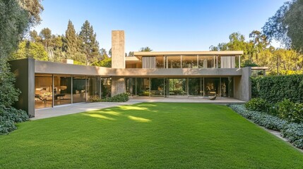 Fototapeta premium A modern, luxurious home with expansive windows, a concrete and glass exterior, and clean lines that showcase contemporary architectural beauty