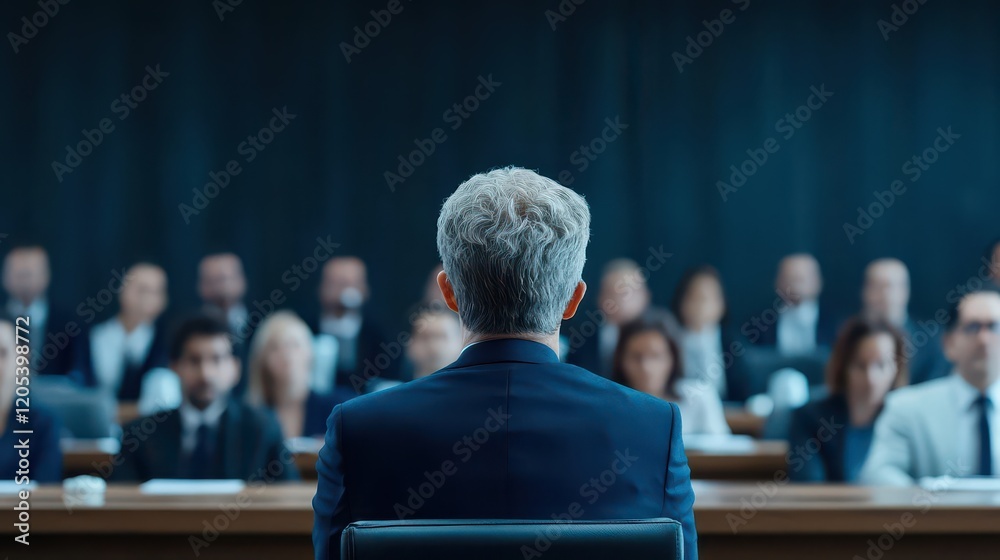 Aufkleber Confident Businessman in Suit Leading Discussion at Large Table Surrounded by Colleagues Creating a Dynamic Professional Environment of Collaboration