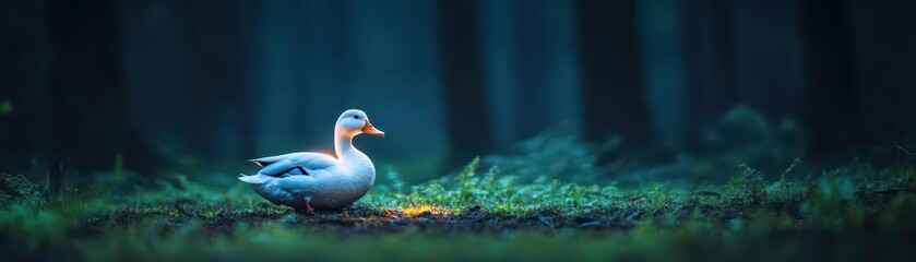 A dark and moody forest scene with a single white duck glowing softly in the shadows