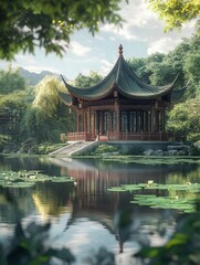 Fototapeta premium timeless elegance of a traditional Chinese pagoda, surrounded by lush greenery and a serene pond reflecting its beauty