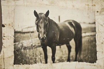 A classic black and white image featuring a majestic horse standing majestically in a field, representing strength and the timeless grace of nature's creatures.