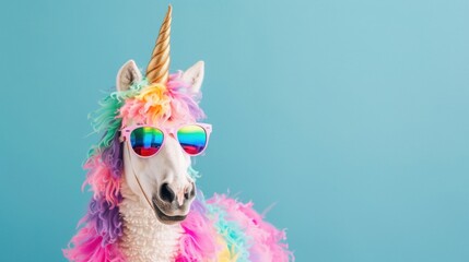Colorful unicorn wearing sunglasses standing against a blue background with a playful expression