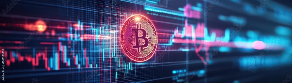 Aufkleber Shimmering Bitcoin Coin Resting on Vibrant Digital Screen Surrounded by Futuristic Graphics Representing Technology and Modern Financial Concepts