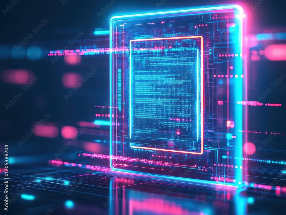 Poster Futuristic Computer Processor in a Radiant Blue and Pink Background Illuminating Technology with a Modern and Dynamic Aesthetic for Digital Innovation