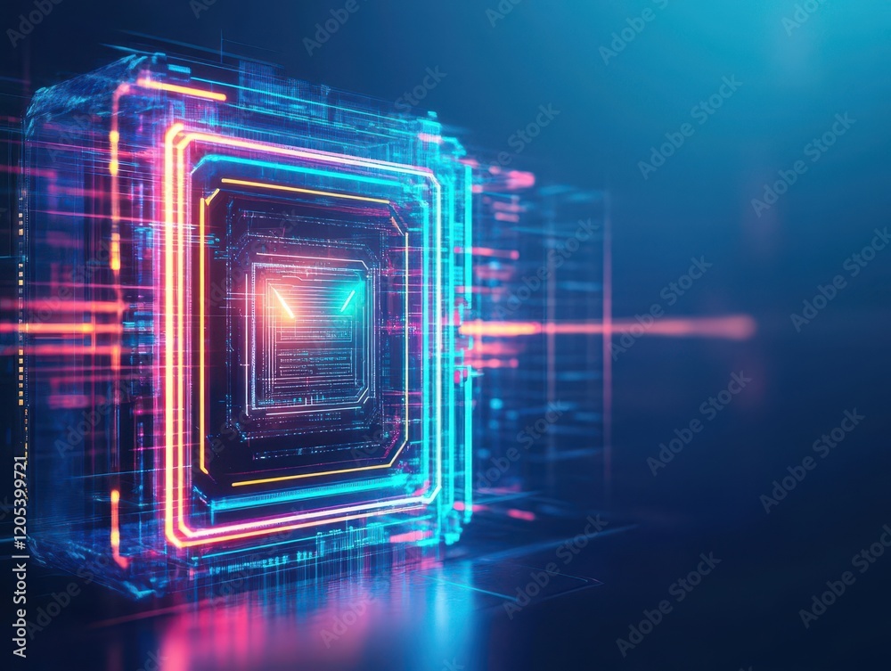 Poster Futuristic Computer Processor Illuminated by Vibrant Neon Lights Showcasing Advanced Technology and Innovation in a Sleek Modern Design and Atmosphere