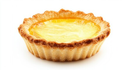A small, appetizing tart sits elegantly on a pristine white surface, showcasing its delightful filling and crust.