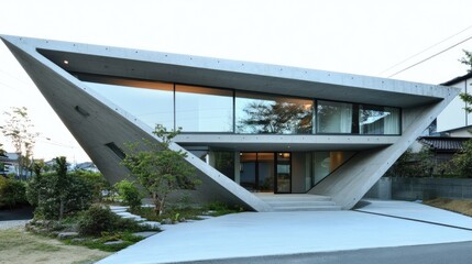 A sleek, minimalist home design with a sharp, geometric shape, modern materials like concrete and glass, and clean, uncluttered spaces