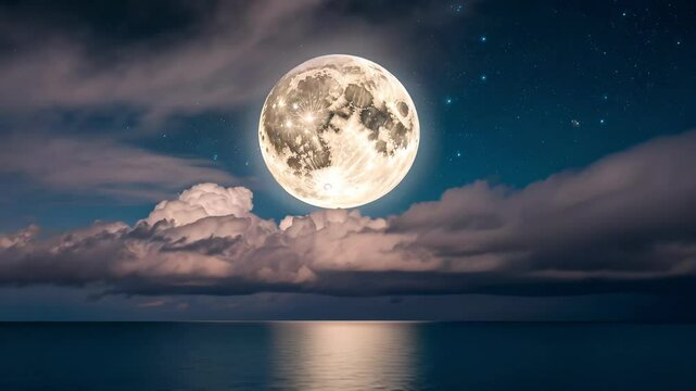 Vivid moon illuminated over clouds and ocean creates serene, tranquil night atmosphere with stunning star filled sky