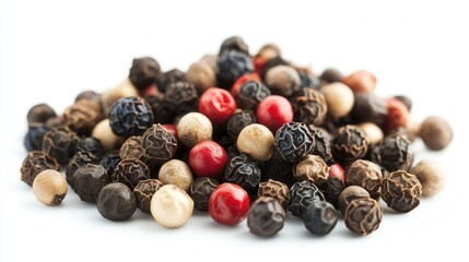 Obraz premium A detailed close-up view of a pile of peppercorns displayed on a clean white surface, showcasing their texture and natural colors.