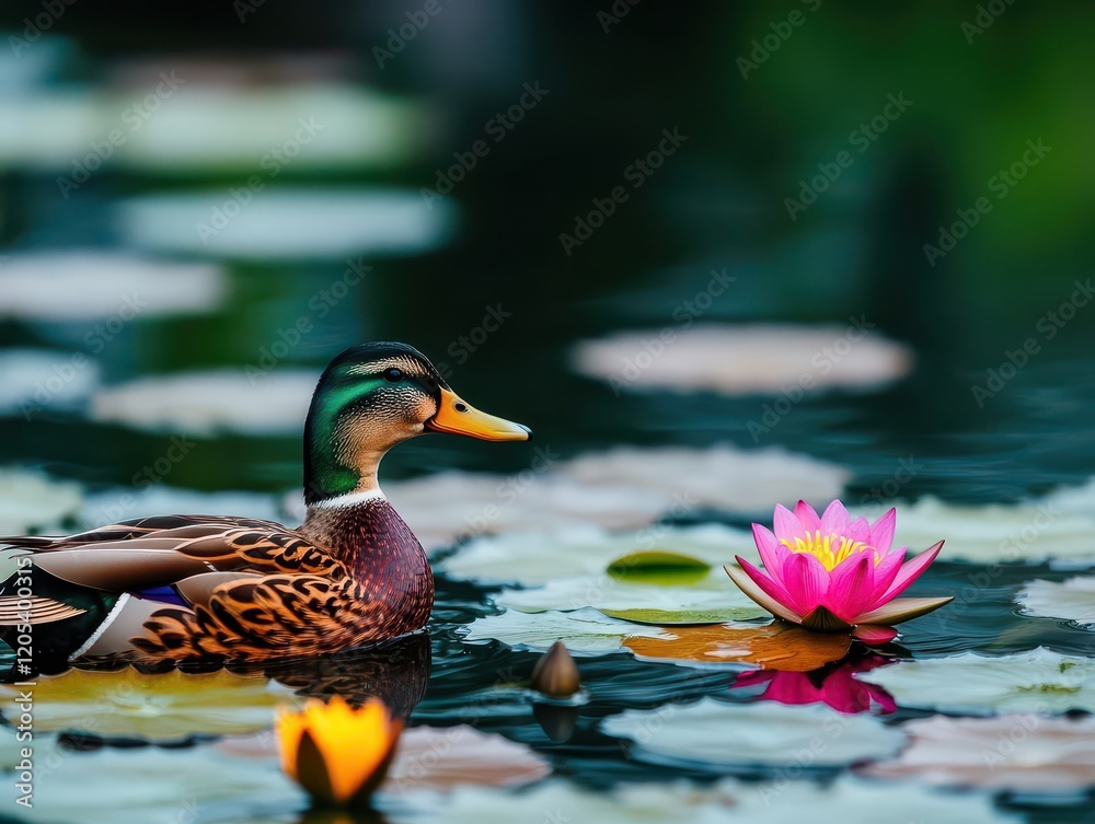 Poster a tranquil duck gliding across a serene pond adorned with beautiful water lilies under a clear blue 