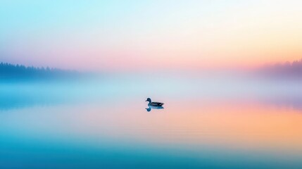 Fototapeta premium A duck on a calm foggy lake at dawn, ethereal and mysterious atmosphere