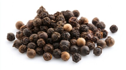 Fototapeta premium A textured mound of black pepper seeds contrasts vividly against a clean white background, showcasing their rich color and unique shape.