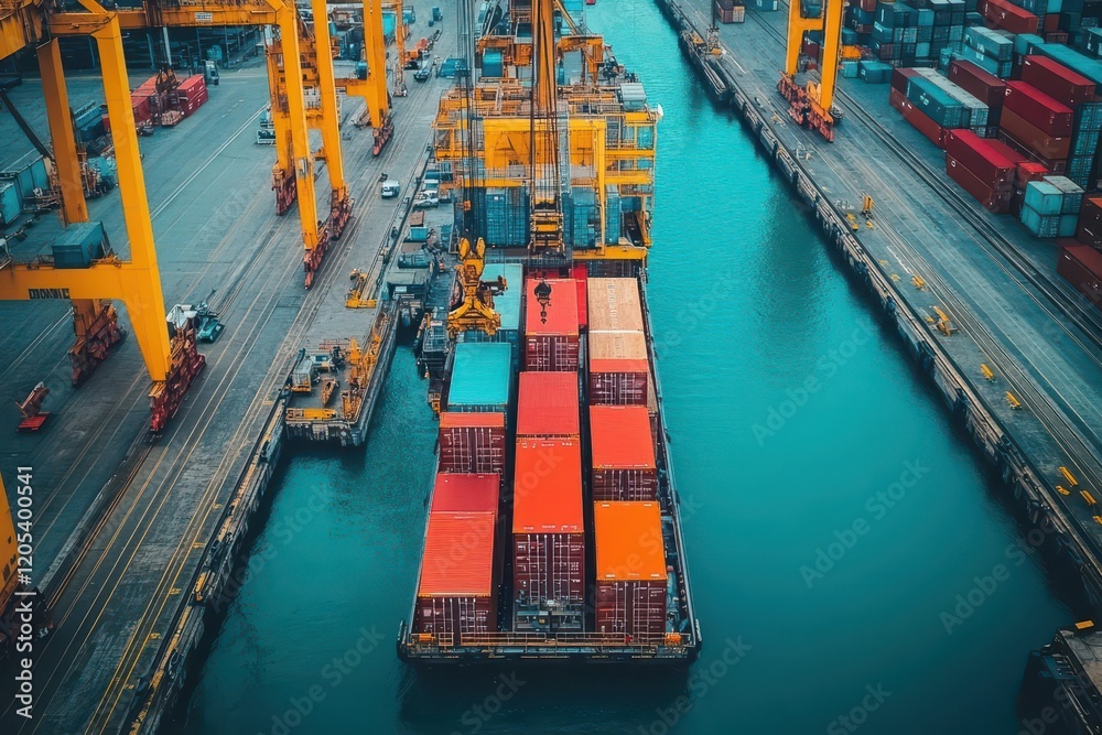 Poster Majestic Container Ship Navigating Through Vast Ocean Waters Under Clear Blue Sky Surrounded by Gentle Waves Creating a Tranquil Maritime Scene