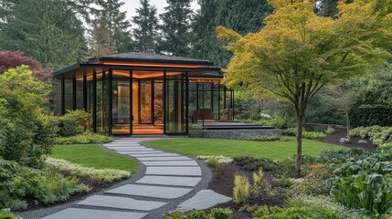 A stylish modern garden house with glass walls, a stone pathway leading to the entrance, and an immaculate garden