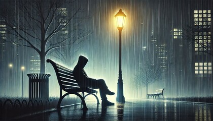 A lone figure sitting on a park bench in the rain, under a dim streetlamp, symbolizing loneliness and isolation in urban life.