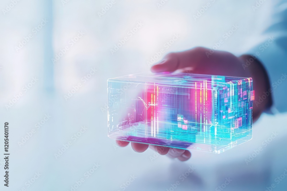 Aufkleber individual grasping transparent glass block featuring advanced digital interface displayed against a