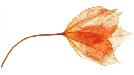 A delicate dried flower with a slender stem and a green leaf, elegantly displayed against a clean white background, showcasing its natural beauty.