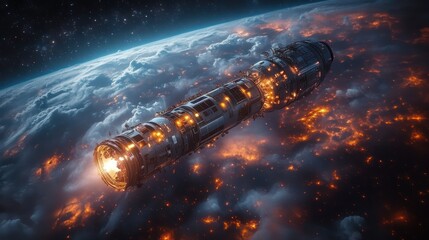 Spaceship Orbiting Earth at Night