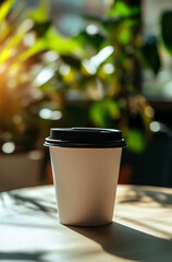 Coffee cup on table with sunlight
