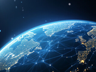 glowing world map with illuminated network connections symbolizing global communication and technology.