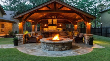 Covered outdoor lounge area with a modern fire pit and cozy seating, adjacent to a luxury home.