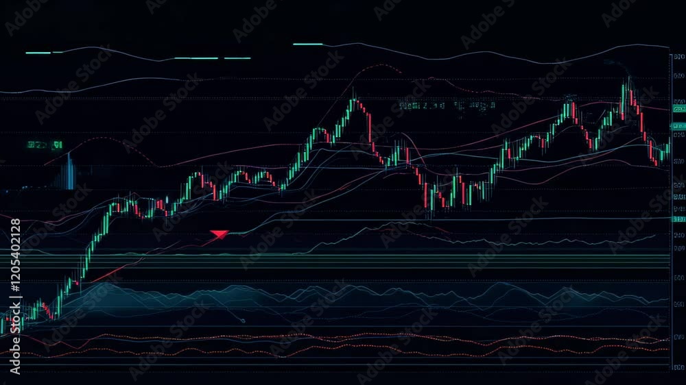 Poster colorful candlestick chart showing cryptocurrency trading data fluctuating on a black screen, repres