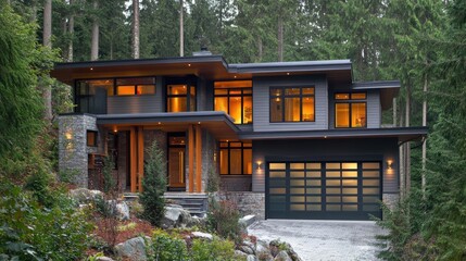 Elegant modern house with a stylish open-concept living area, featuring neutral tones and contemporary finishes, blending seamlessly with the natural surroundings