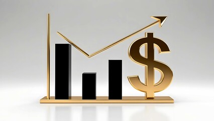 3d rendering of gold dollar sign, bar graph and arrow up on grey gradient background. Financial, economic growth ,business chart concept
