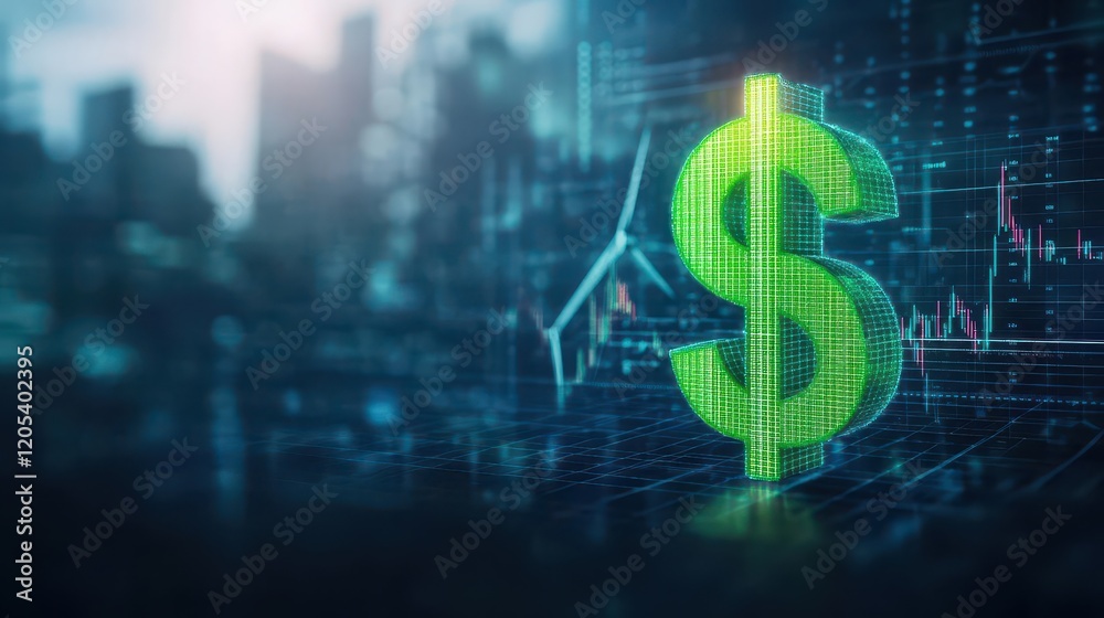 Poster visual representation of financial prosperity with a prominent dollar sign illuminating a digital sc