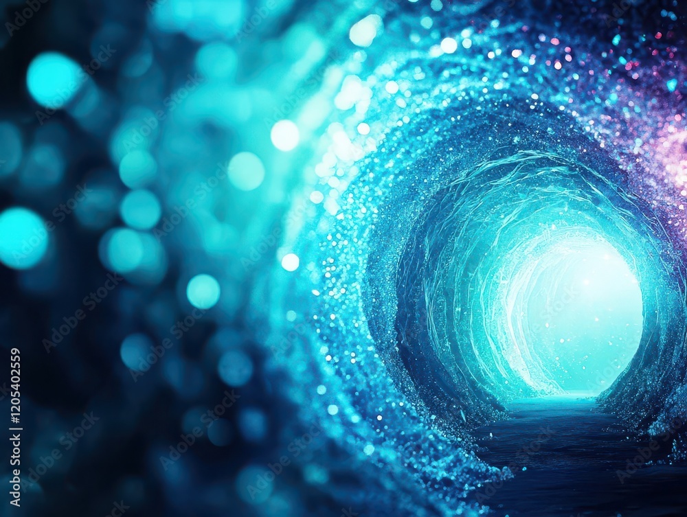 Poster A Vibrant Blue and Green Tunnel Illuminated by Soft Light Creating an Enigmatic and Inviting Atmosphere of Mystery and Wonder in an Abstract Space