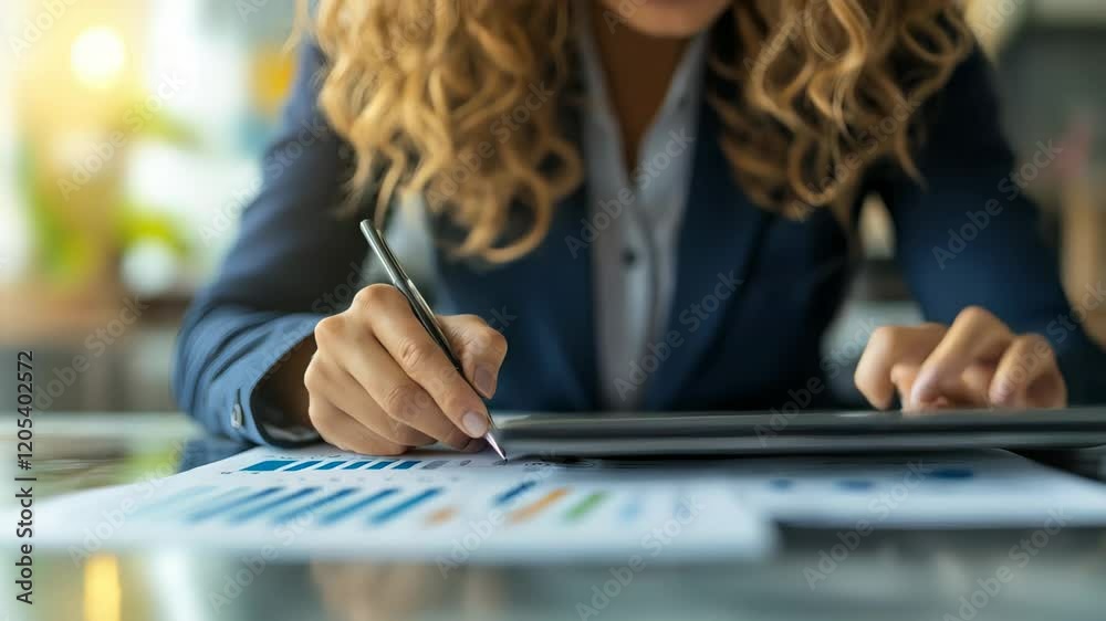 Poster businesswoman analyzing financial charts and taking notes with a pen, utilizing a tablet to develop 