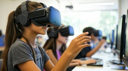 A student engaging in virtual reality simulations for hands-on learning in a digital classroom environment, Virtual education scene, Interactive style