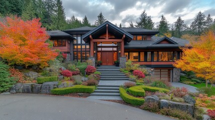 Fototapeta premium Entryway of a luxury home with a large pivot door and artistic landscaping leading up to it.