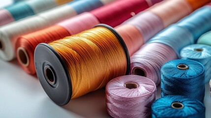 Colorful thread spools, close-up view.