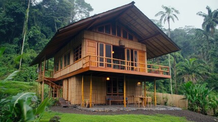 Exterior of a sustainable home with wood cladding and bamboo fences, creating a harmonious connection with nature