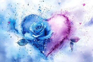 Fototapeta premium Valentine day watercolor love heart with rose romantic art for couples soft colors