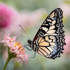 Naklejka premium A close-up shot of a beautiful butterfly perched on a pink flower, capturing the delicate details of its wings and the soft, blurred floral background.
