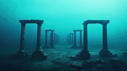 Naklejka premium A hauntingly beautiful scene of historical landmarks submerged underwater, melancholic yet aweinspiring