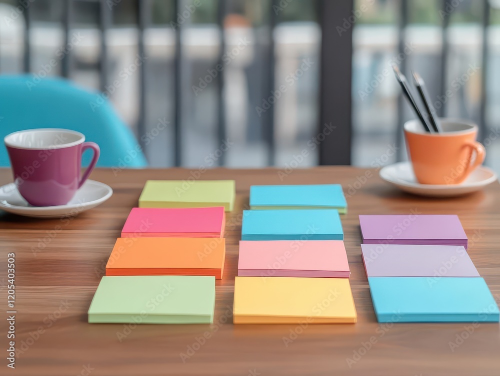 Poster vibrant workspace featuring colorful sticky notes on a table surrounded by warm natural light and a 