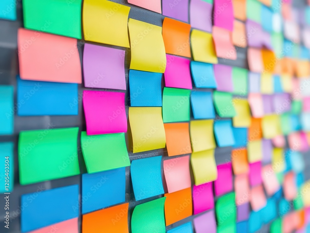 Poster Vibrant Colorful Sticky Notes Arranged in an Artistic Pattern on a Wall Creating a Playful and Creative Atmosphere for Brainstorming and Ideas